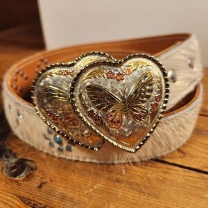 Belt Women's Butterfly Double Heart Fur Turquoise Rhinestones Western ~32"